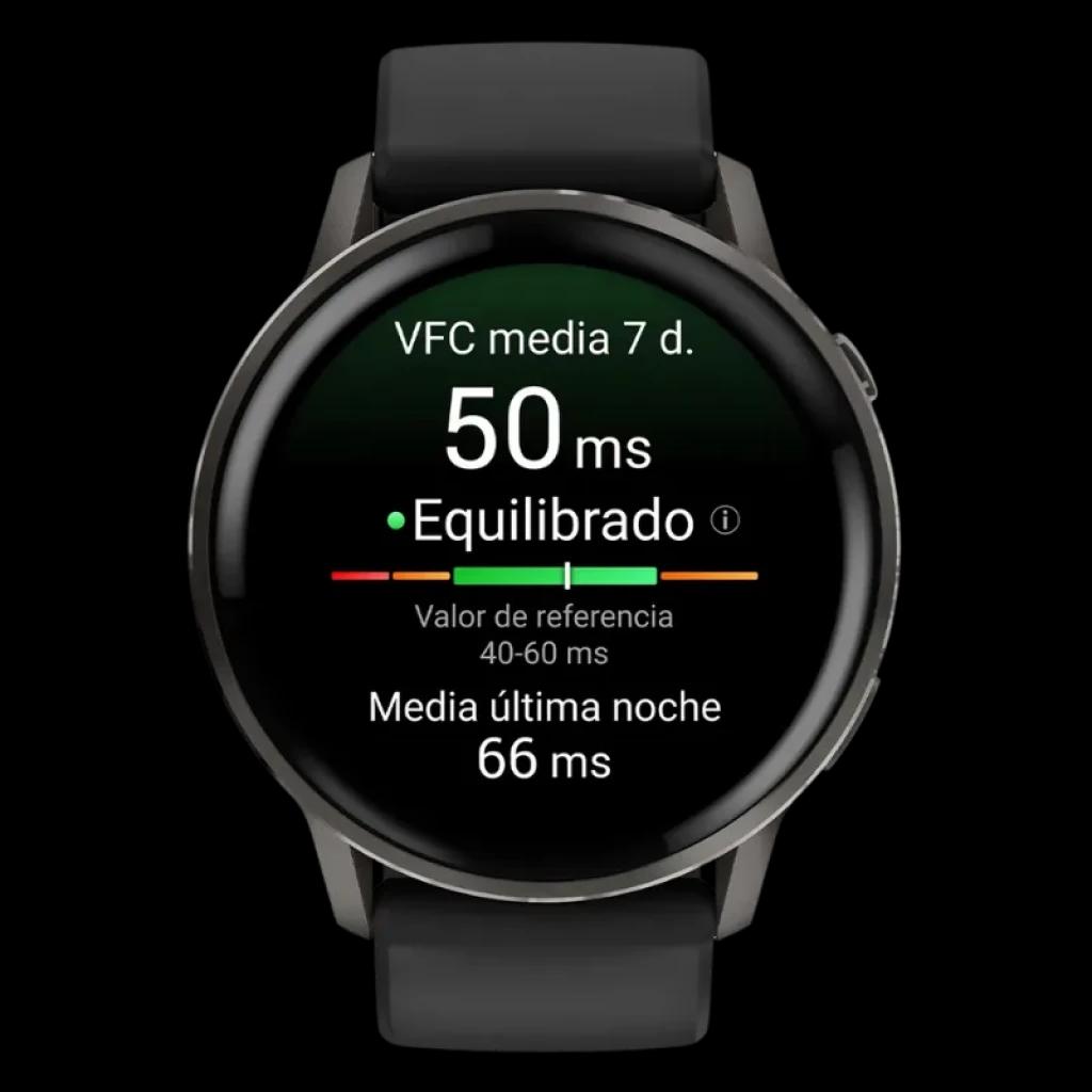 Garmin Venu 4 45 mm negro con pantalla circular, bisel metálico y correa de silicona negra; widgets de salud, ritmo cardíaco y modos de entrenamiento