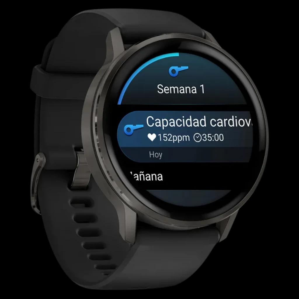 Garmin Venu 4 45 mm negro con pantalla redonda, bisel metálico y correa de silicona negra. Micrófono, altavoz, notificaciones y pagos sin contacto