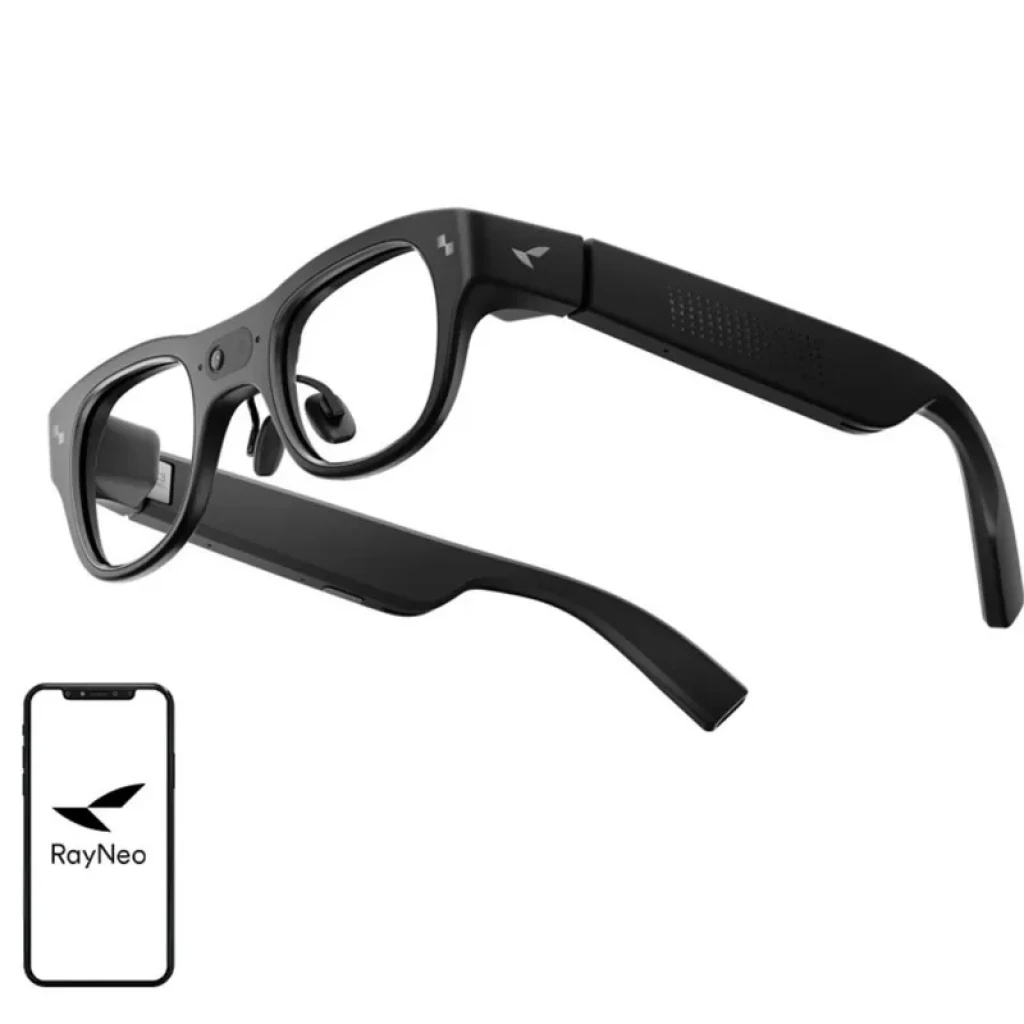 AR RayNeo X3 Pro gafas AR negras con doble cámara frontal, montura gruesa, patillas anchas y conectividad con smartphone RayNeo para experiencias inmersivas