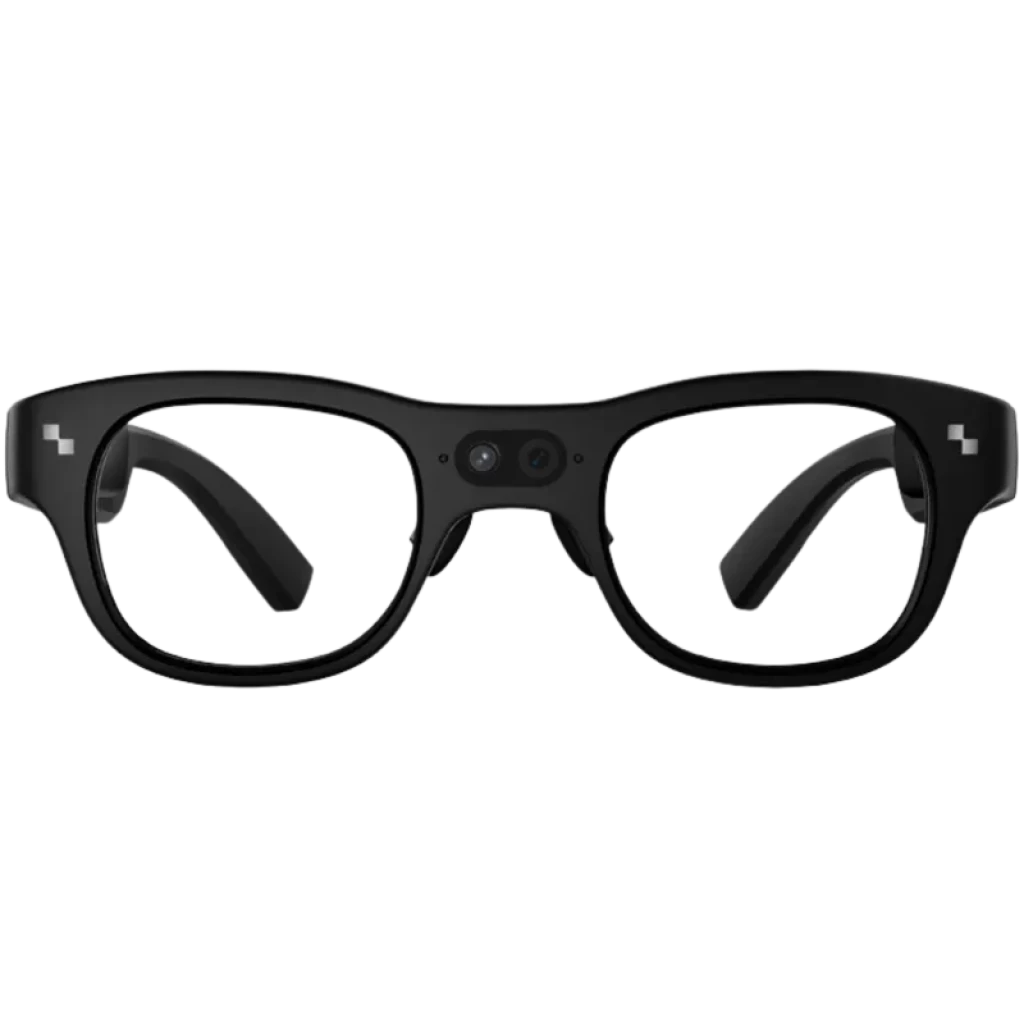 AR RayNeo X3 Pro gafas AR negras con montura gruesa, doble cámara frontal central, lentes transparentes y brazos robustos con marcadores cuadrados blancos