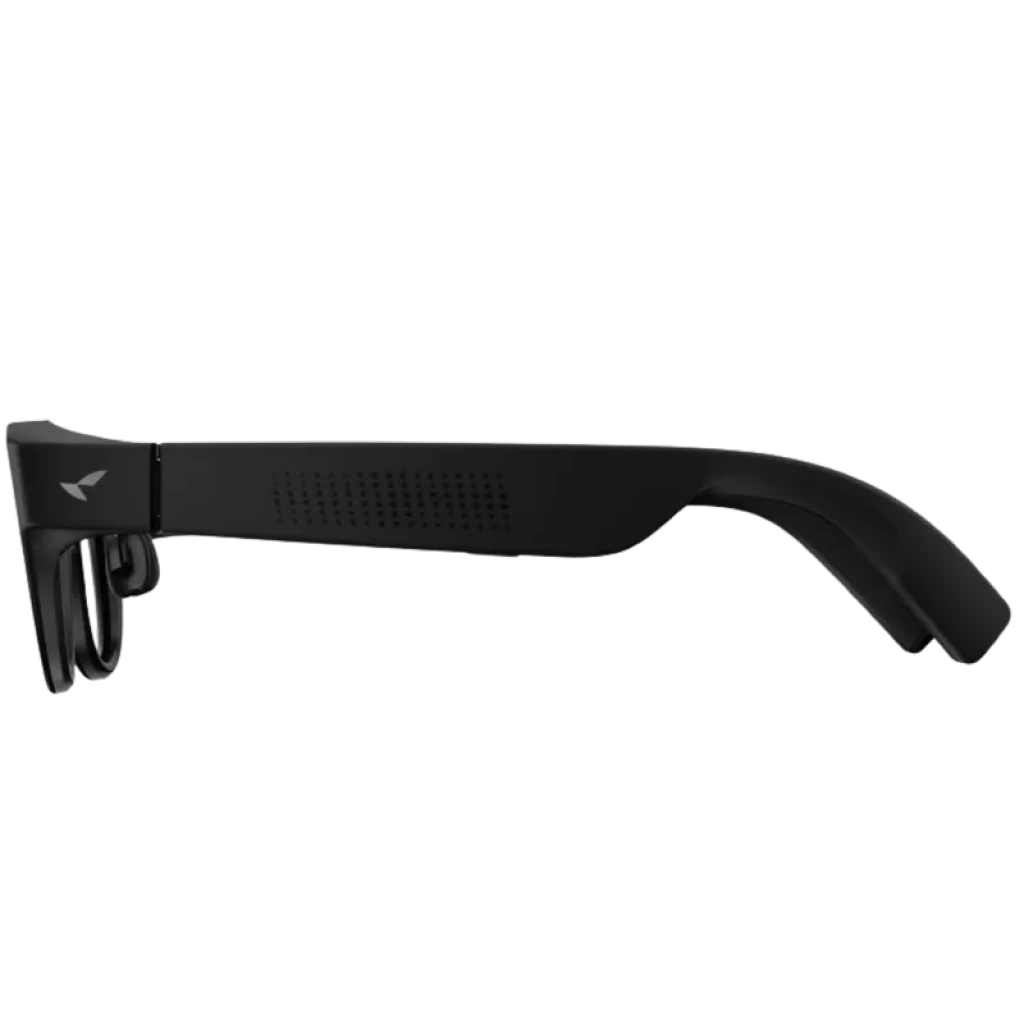 AR RayNeo X3 Pro en vista lateral: montura negra estilizada, patilla curva ergonómica con ventilación perforada y doble cámara frontal integrada