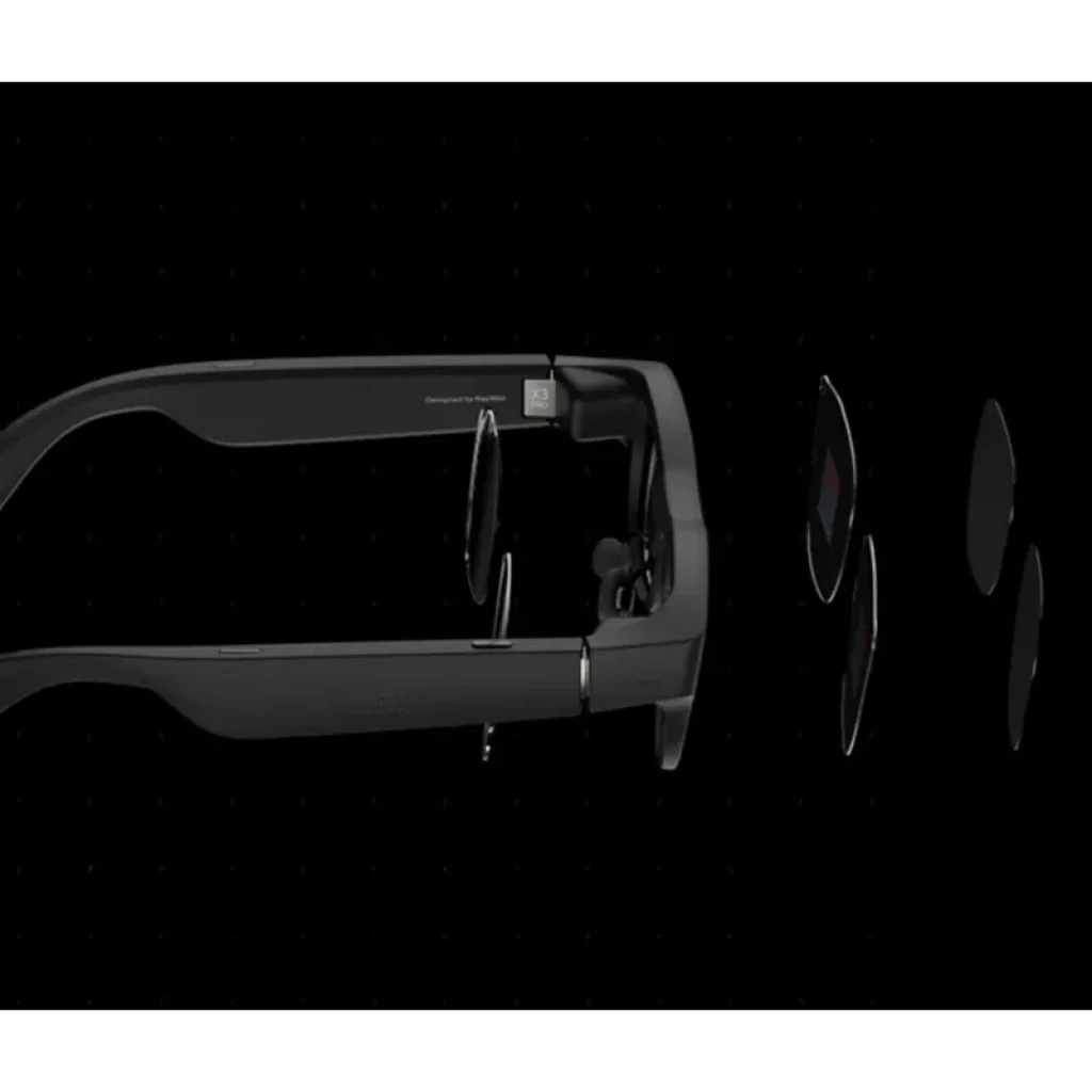 AR RayNeo X3 Pro en negro con armazón robusto, doble cámara frontal Sony IMX681 12 Mpx y módulo OV espacial; lentes y módulos ópticos mostrados en vista