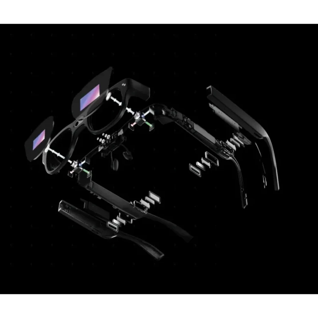 AR RayNeo X3 Pro desarmadas: estructura interna con doble cámara Sony IMX681 12 Mpx y sensor espacial OV, módulos, lentes y patillas mostrados en explosión