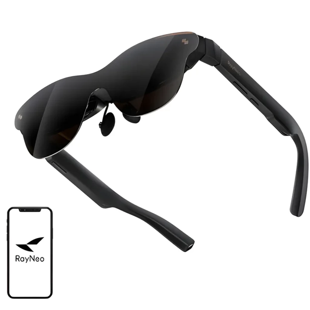 AR RayNeo Air 3S Pro eyepiece – lunettes AR noires au design futuriste, verres sombres, branches épaisses, écran 1200 nits 120 Hz, capteur nasal ajustable