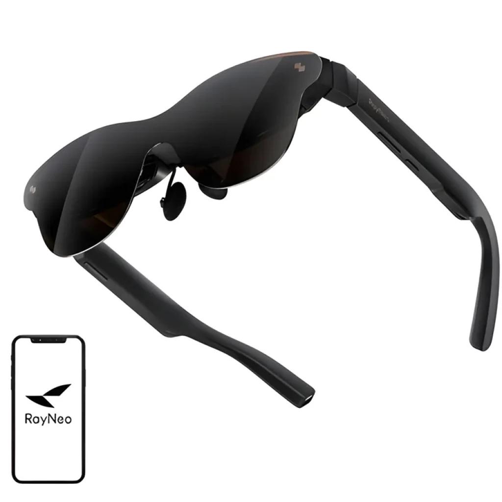 AR RayNeo Air 3S Pro eyepiece – lunettes AR noires au design futuriste, verres sombres, branches épaisses, écran 1200 nits 120 Hz, capteur nasal ajustable
