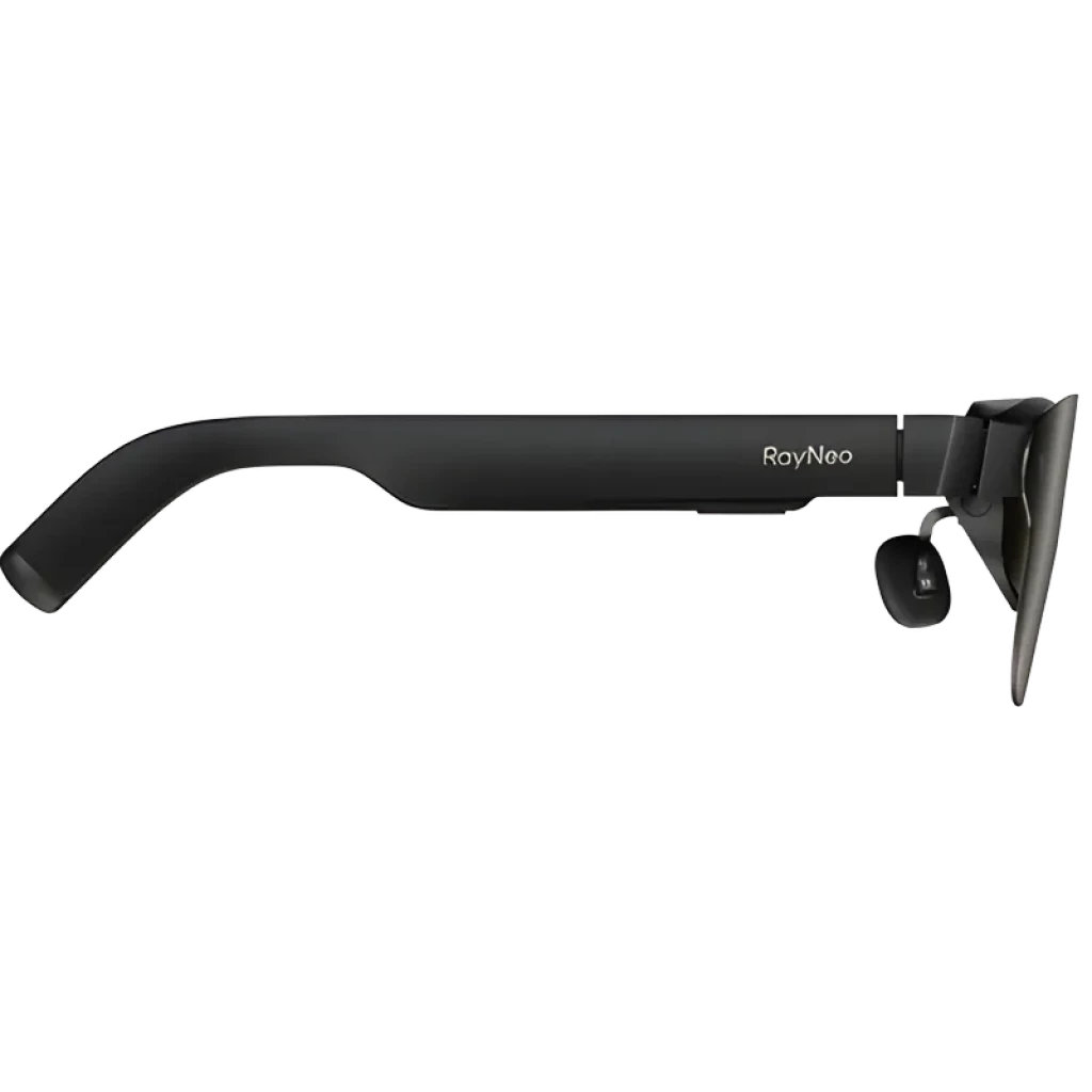 AR RayNeo Air 3S Pro eyepiece – branche latérale noire élégante avec module oculaire adjustable et logo RayNeo, design fin pour lunettes AR 1200 nits 120Hz