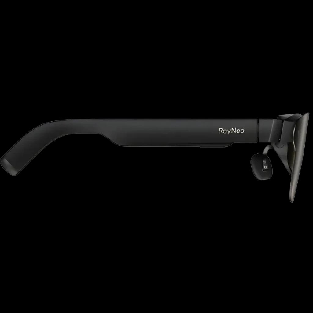 AR RayNeo Air 3S Pro eyepiece – branche latérale noire élégante avec module oculaire adjustable et logo RayNeo, design fin pour lunettes AR 1200 nits 120Hz