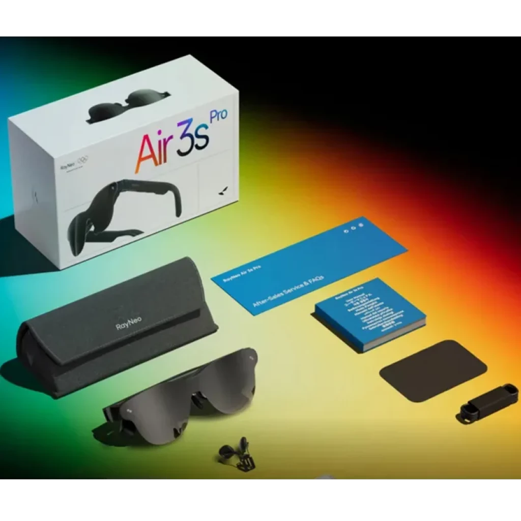 AR RayNeo Air 3S Pro eyepiece avec lunettes AR noires, étui rigide, embouts auriculaires, câble, carte bleue d’info et boîte blanche, design moderne et