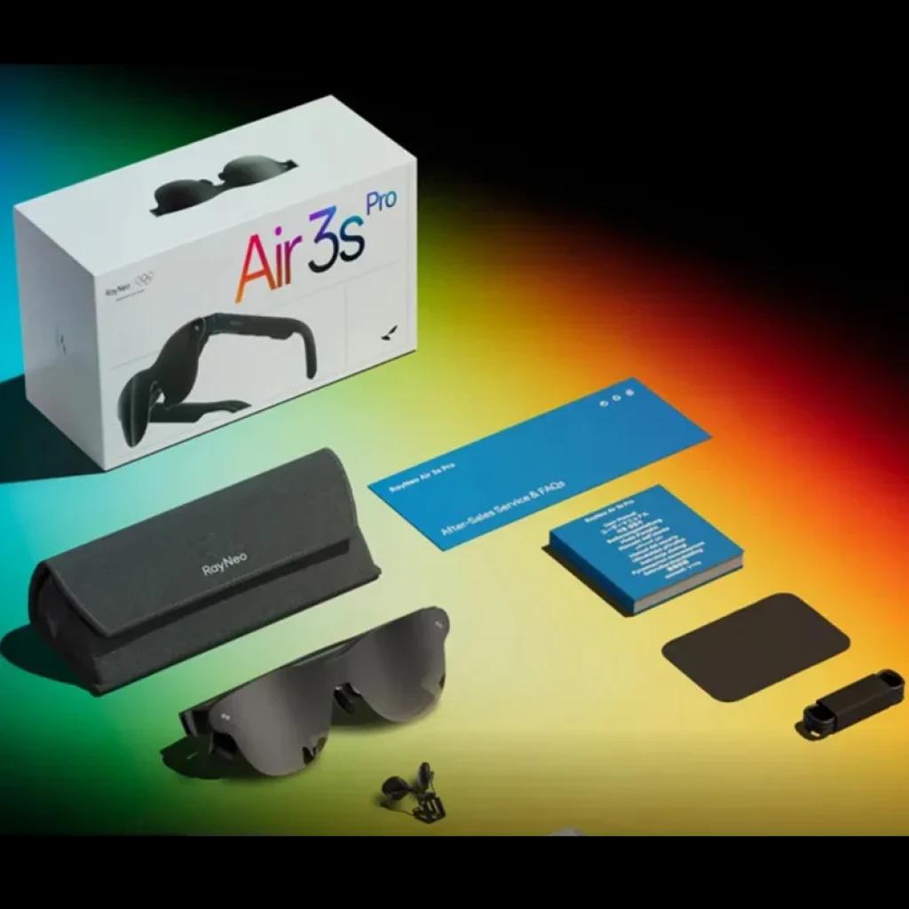 AR RayNeo Air 3S Pro eyepiece avec lunettes AR noires, étui rigide, embouts auriculaires, câble, carte bleue d’info et boîte blanche, design moderne et