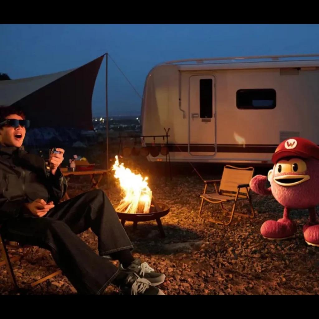 Homme portant AR RayNeo Air 3S Pro eyepiece près dun feu de camp, affichage AR lumineux 1200 nits 120Hz, visuel net de personnage virtuel en plein air