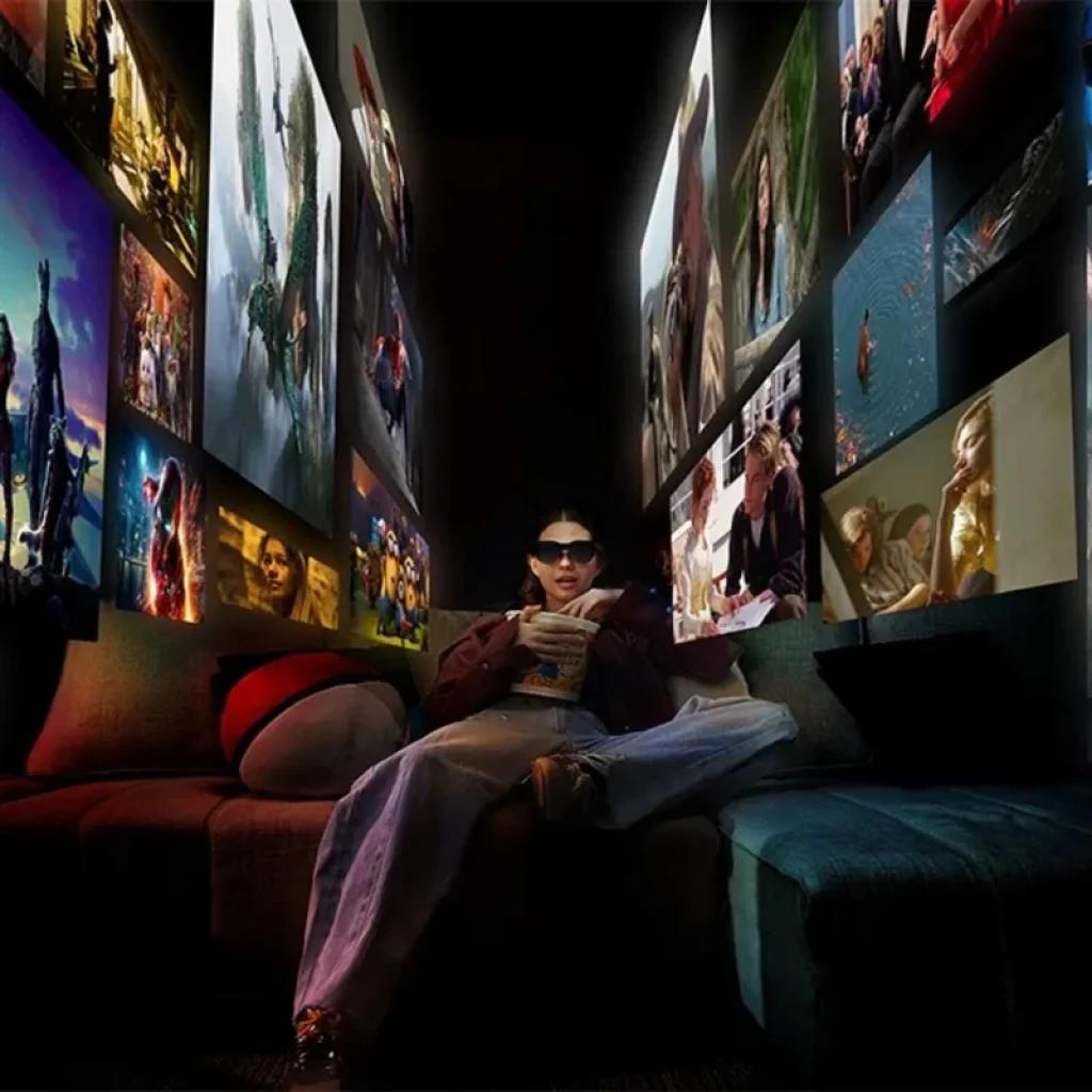 Eyepiece AR RayNeo Air 3s affichant murs d’écrans flottants FHD à 120 Hz, couleurs vives, grand champ de vision, immersion cinéma portable