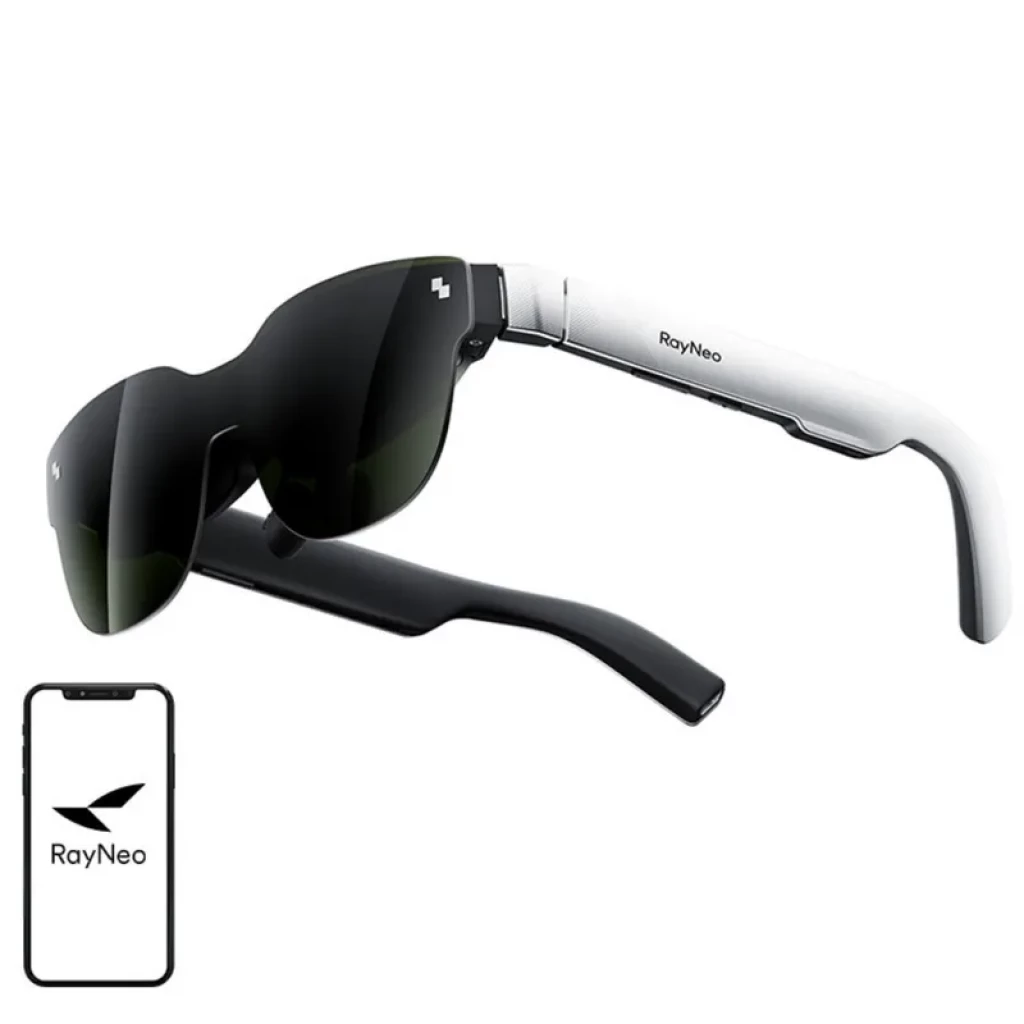 Eyepiece AR RayNeo Air 3s lunettes AR FHD 120 Hz avec verres teintés, branches noires et blanches, design enveloppant, compatibilité smartphone RayNeo