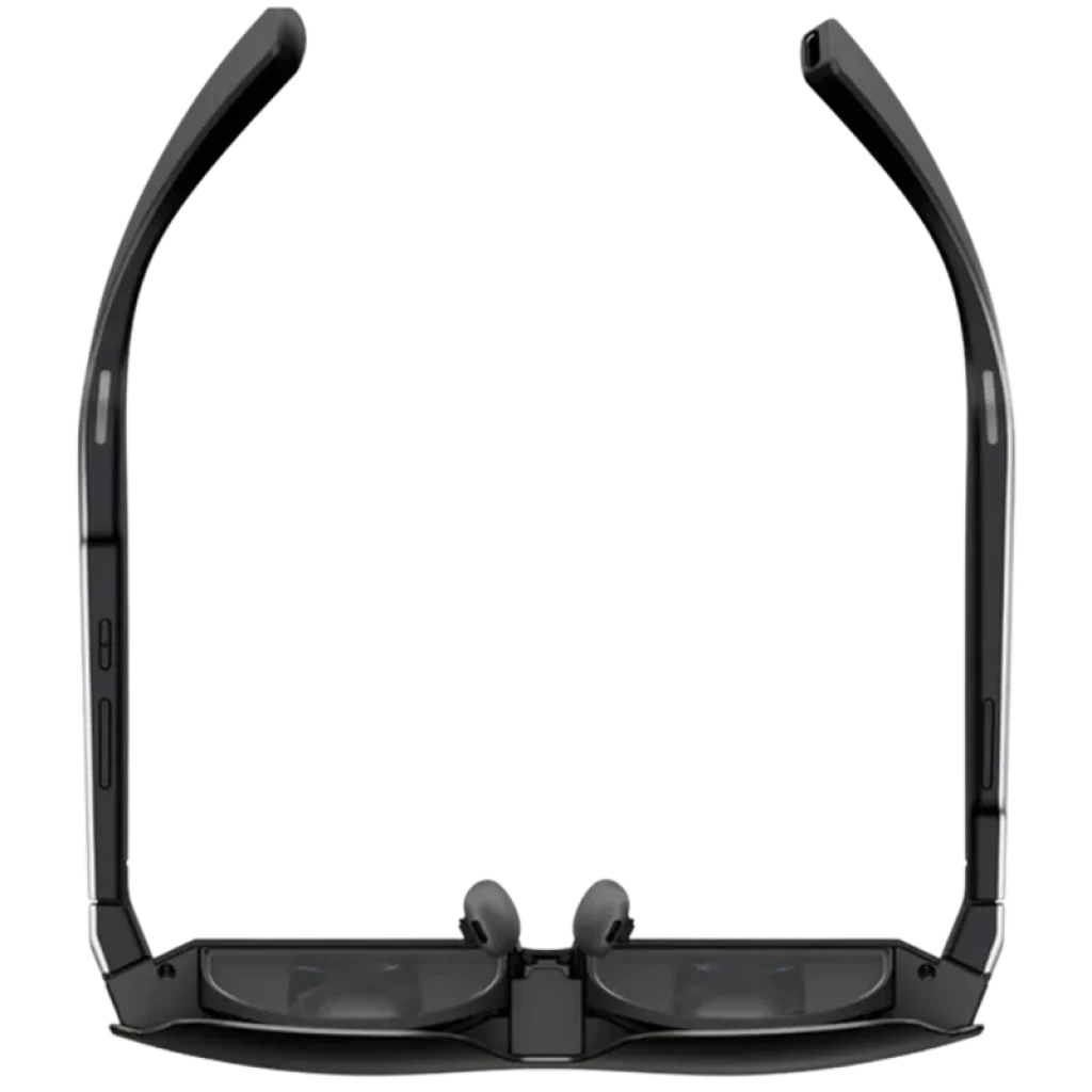 Eyepiece AR RayNeo Air 3s avec verres FHD 120 Hz, monture noire fine, branches flexibles, nez ajustable et ports latéraux pour un confort high-tech