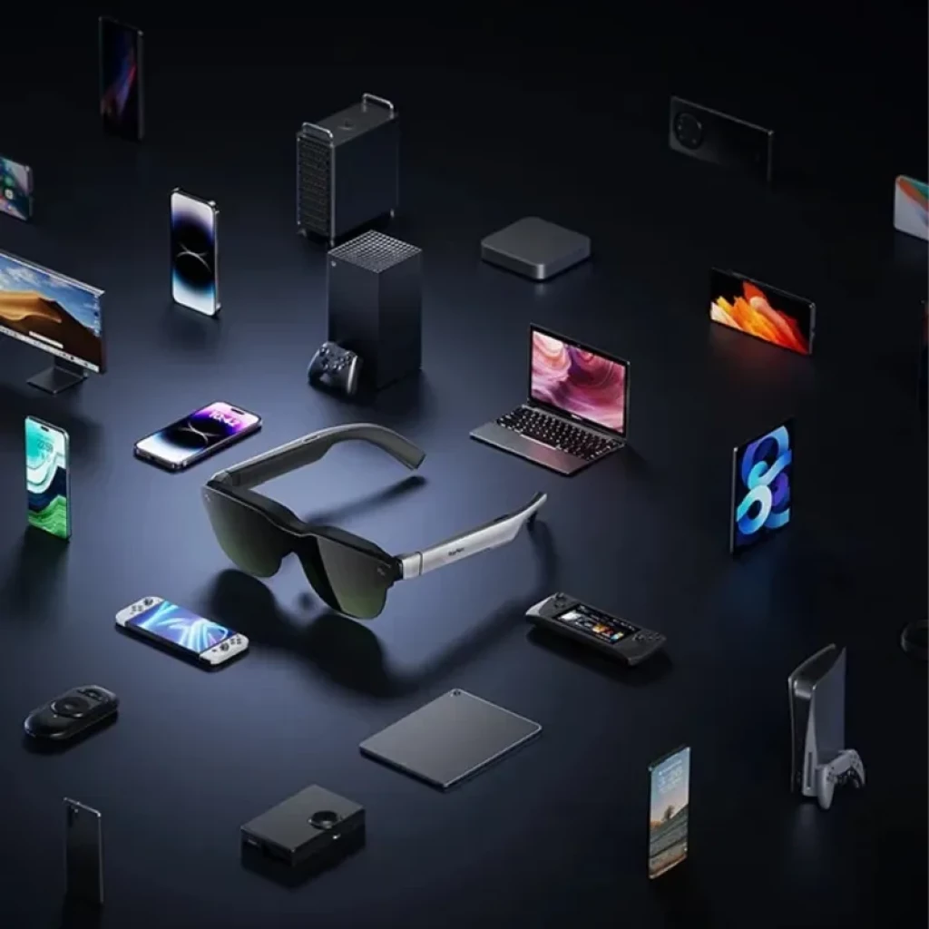 Eyepiece AR RayNeo Air 3s, lunettes AR FHD 120 Hz au design noir mat, branches argent, verres sombres, connecteurs latéraux et compatibilité multi-appareils