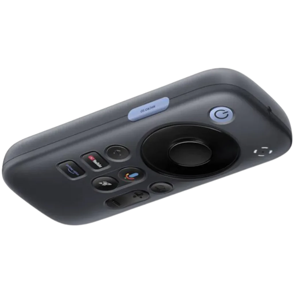 RayNeo Pocket TV - Télécommande compacte noire avec pavé circulaire, bouton power, touches volume, micro et USB-C; design ergonomique aux bords arrondis