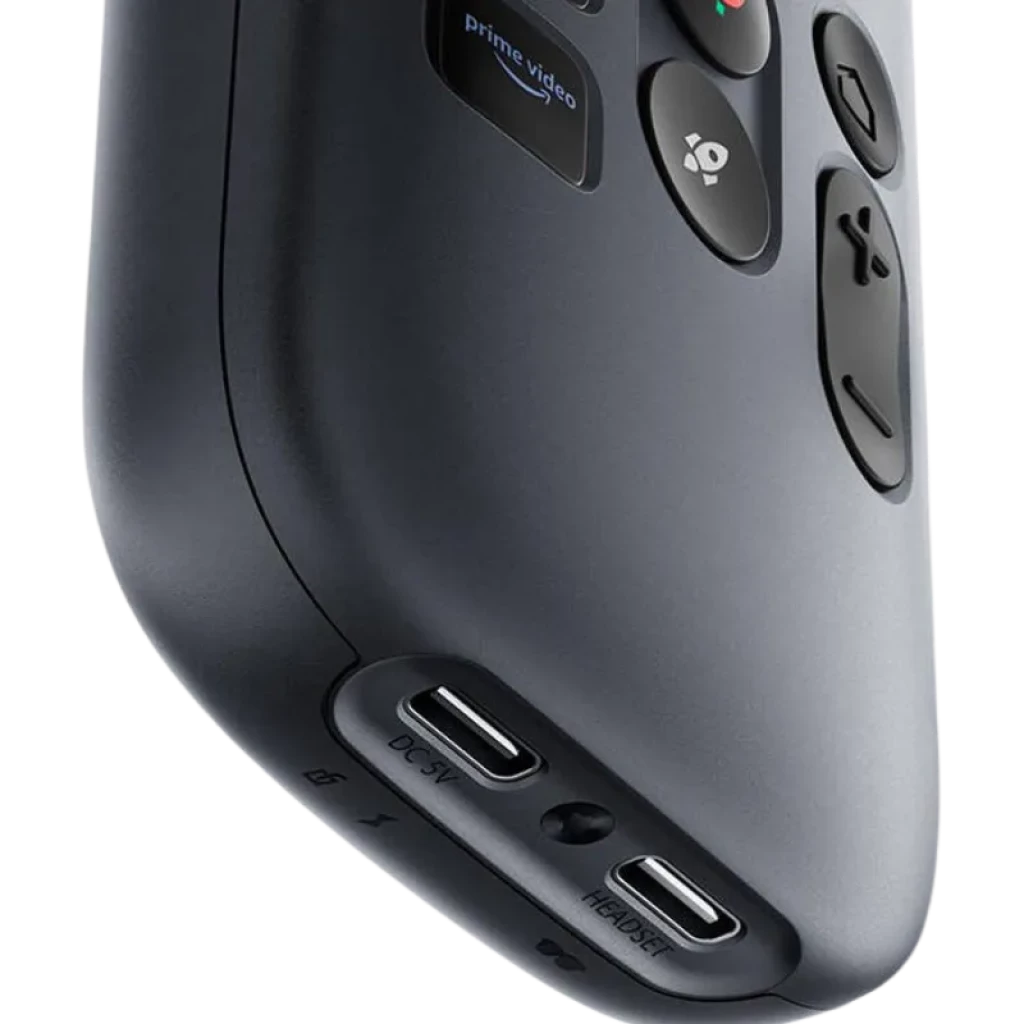 RayNeo Pocket TV - Télécommande avec ports USB‑C DC 5V et casque, coque gris foncé, boutons dédiés Prime Video et navigation, prise en main ergonomique