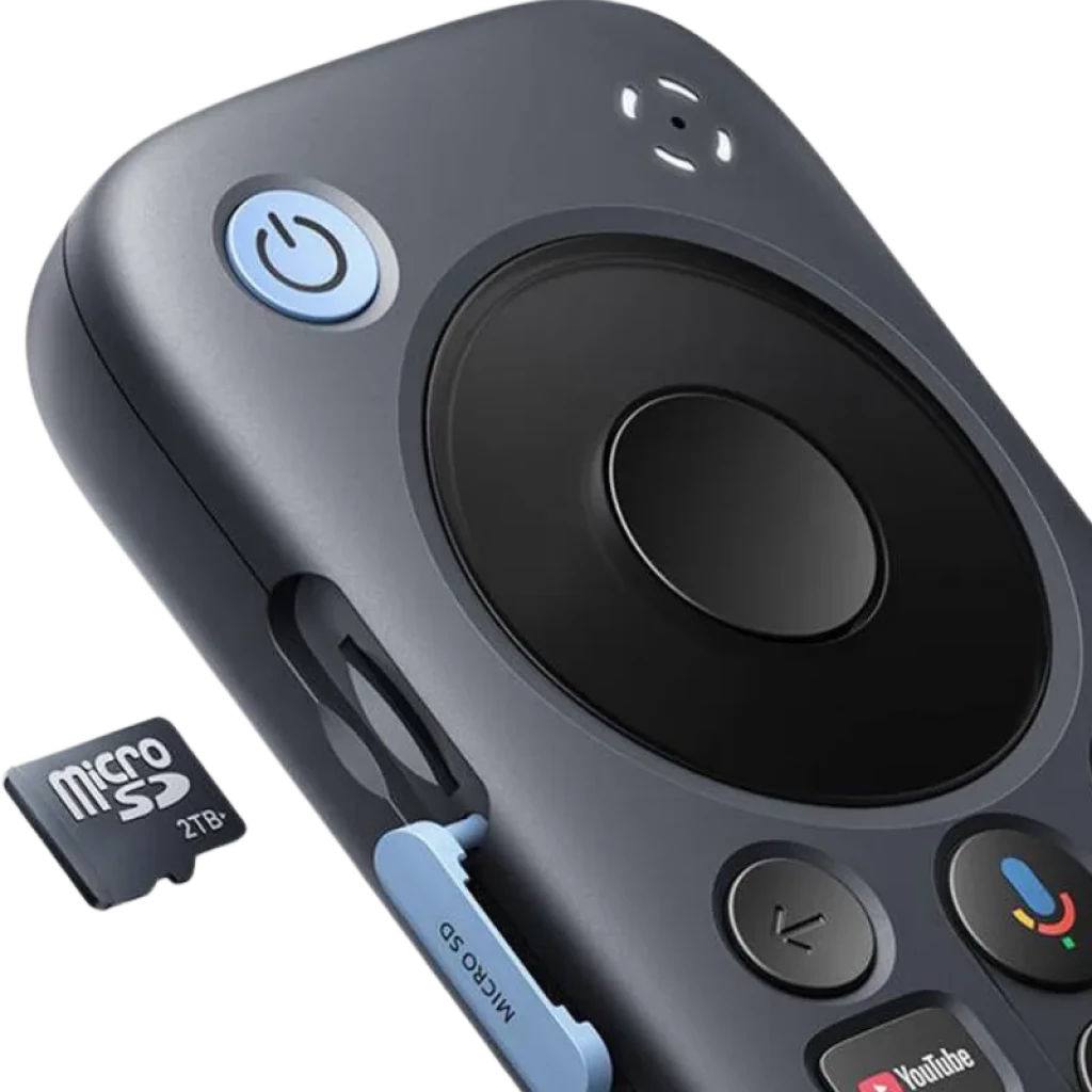 Télécommande RayNeo Pocket TV compacte, bouton d’alimentation bleu, pavé circulaire, touches YouTube et retour, lecteur microSD 2 To avec cache latéral