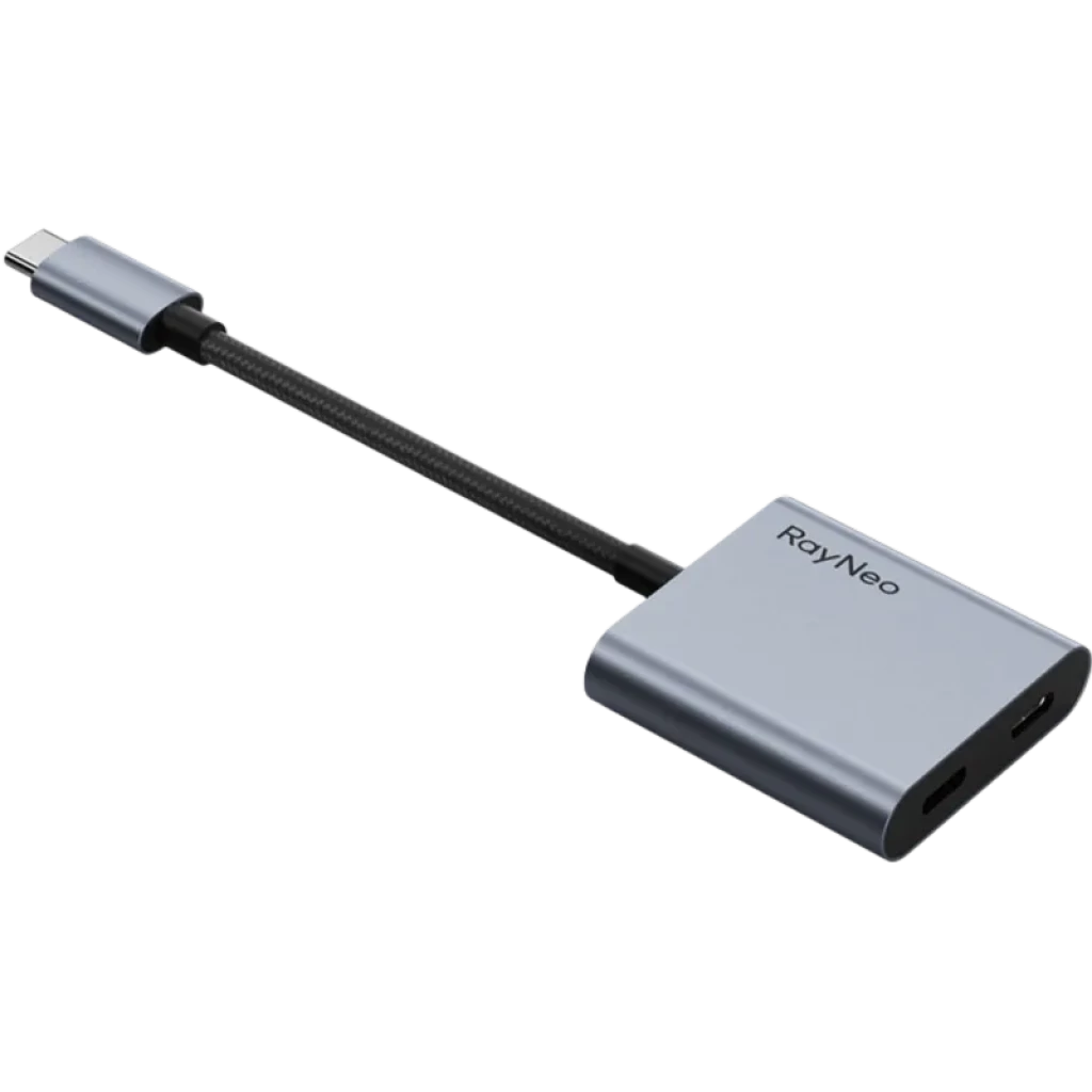 Adaptateur de charge USB-C pour lunettes AR RayNeo, boîtier aluminium gris, câble tressé court, port USB-C pass-through, design compact et durable