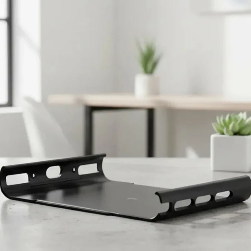 Soporte móvil con clip trasero RayNeo para Nintendo Switch 2, pieza metálica negra con bordes curvos, ranuras laterales y orificios de ajuste en la base