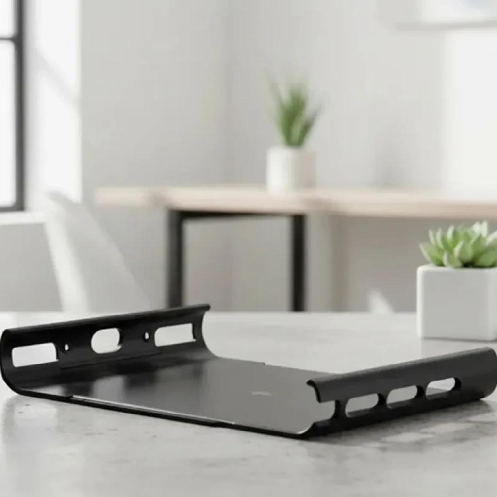 Soporte móvil con clip trasero RayNeo para Nintendo Switch 2, pieza metálica negra con bordes curvos, ranuras laterales y orificios de ajuste en la base