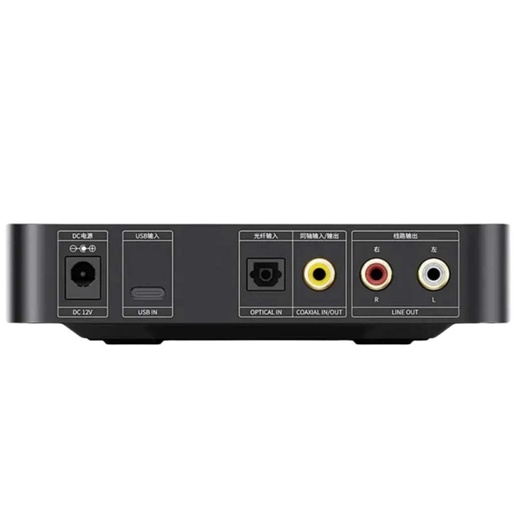 FiiO K11 R2R Amplificador/DAC de escritorio con panel trasero: DC 12V, USB, entrada óptica, coaxial RCA, salida de línea RCA L/R. Diseño compacto en negro