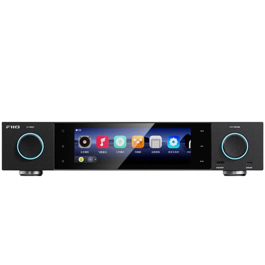 FiiO M15S Reproductor Hi-Res de Audio Digital con pantalla central, perillas iluminadas azules, chasis negro, botones frontales y puertos USB/AUX
