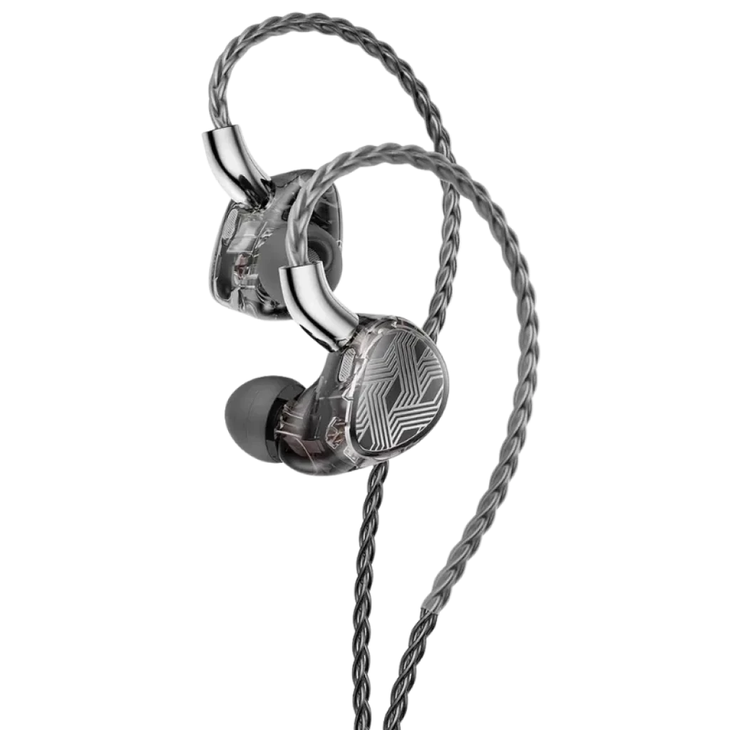 FiiO FA19 Auriculares in-ear Hi-Res con carcasa transparente, cable trenzado plateado, gancho sobre la oreja y Switch Hi-Fi Monitor en cada cápsula