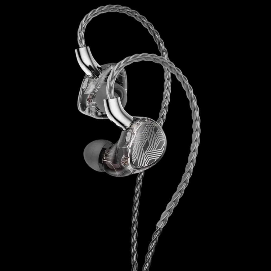 FiiO FA19 Auriculares in-ear Hi-Res con carcasa transparente, cable trenzado plateado, gancho sobre la oreja y Switch Hi-Fi Monitor en cada cápsula
