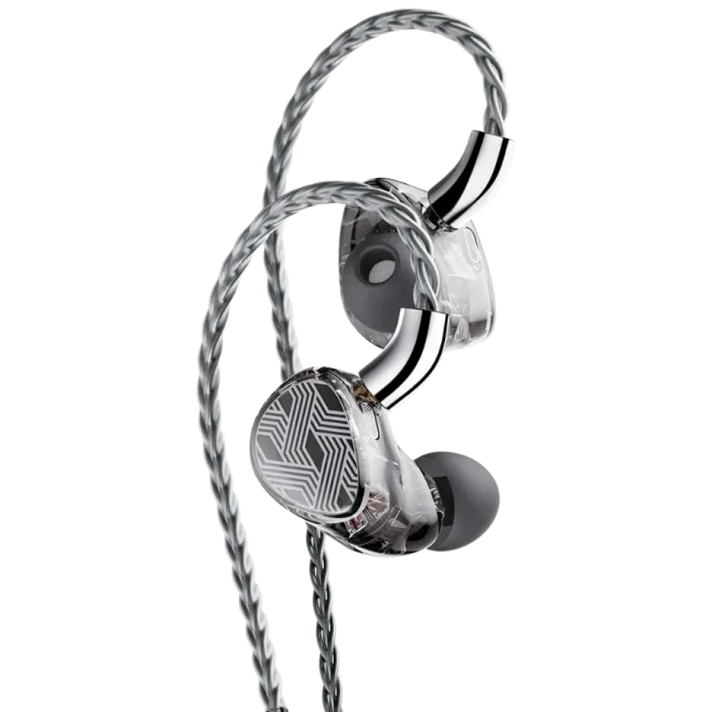 FiiO FA19 auriculares in-ear Hi-Res con carcasa transparente, cara frontal plateada con patrón geométrico y cable trenzado plateado con switch Hi-Fi