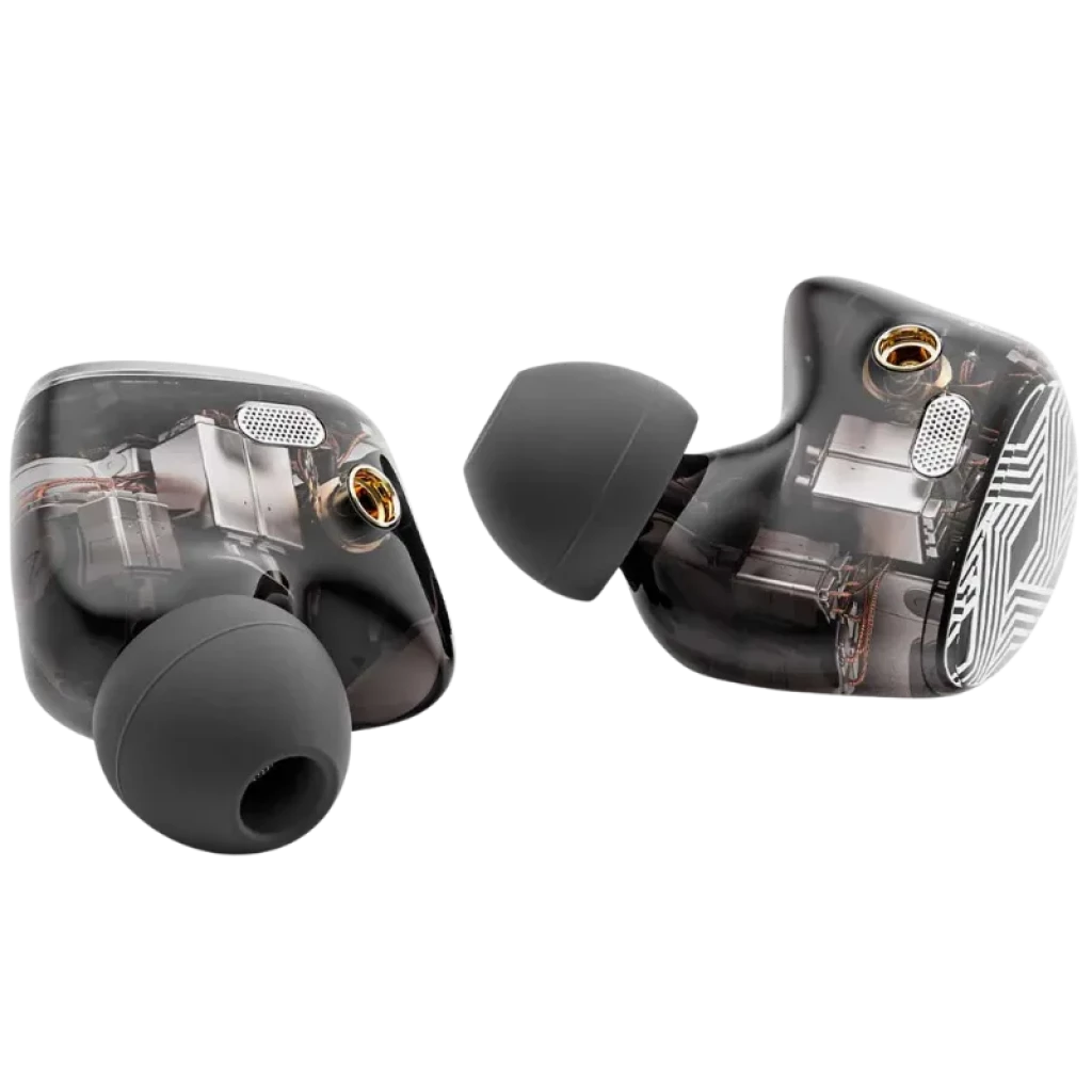FiiO FA19 auriculares in-ear Hi-Res con carcasa transparente, drivers internos visibles, puntas de silicona grises y rejillas metálicas; incluye Switch Hi-Fi