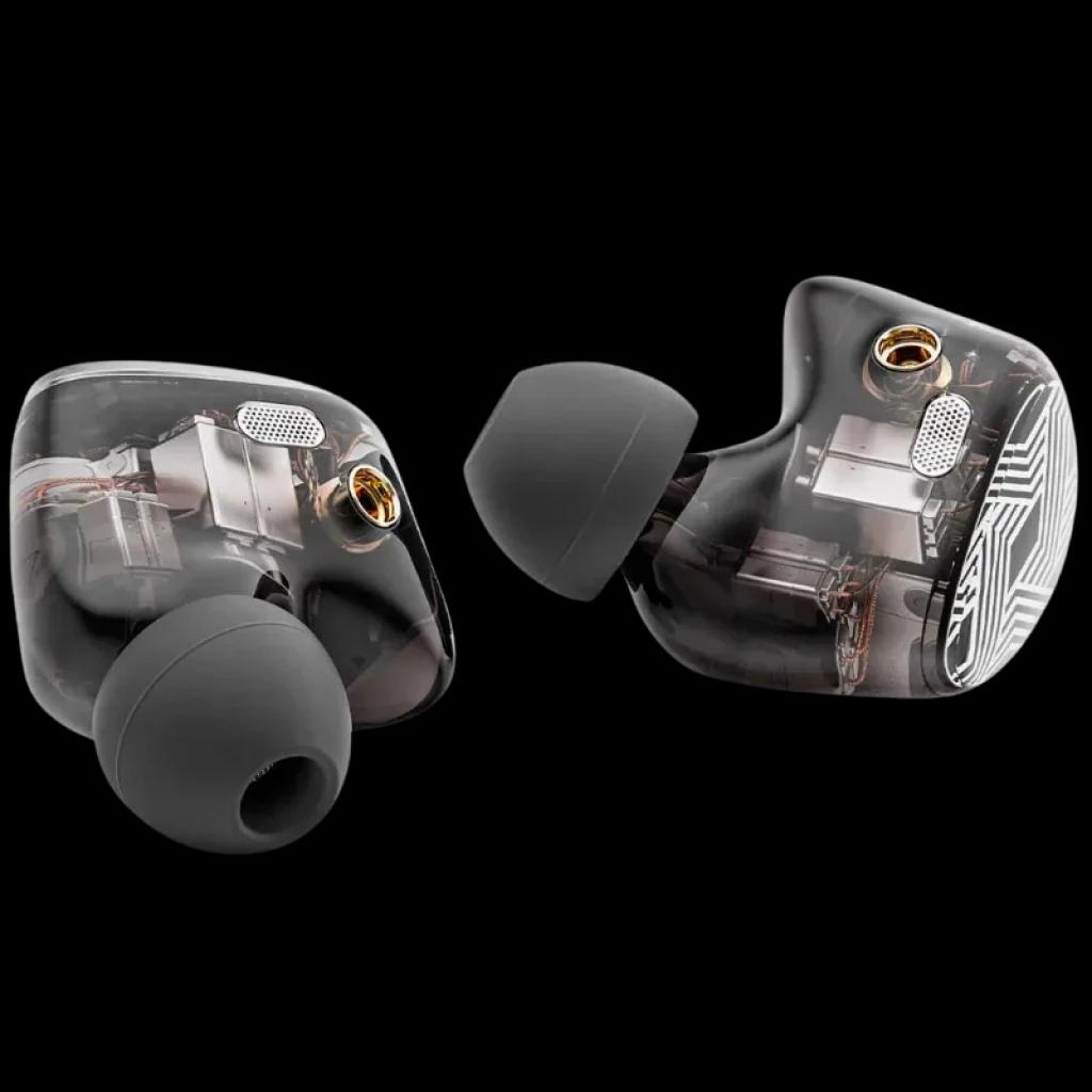 FiiO FA19 auriculares in-ear Hi-Res con carcasa transparente, drivers internos visibles, puntas de silicona grises y rejillas metálicas; incluye Switch Hi-Fi