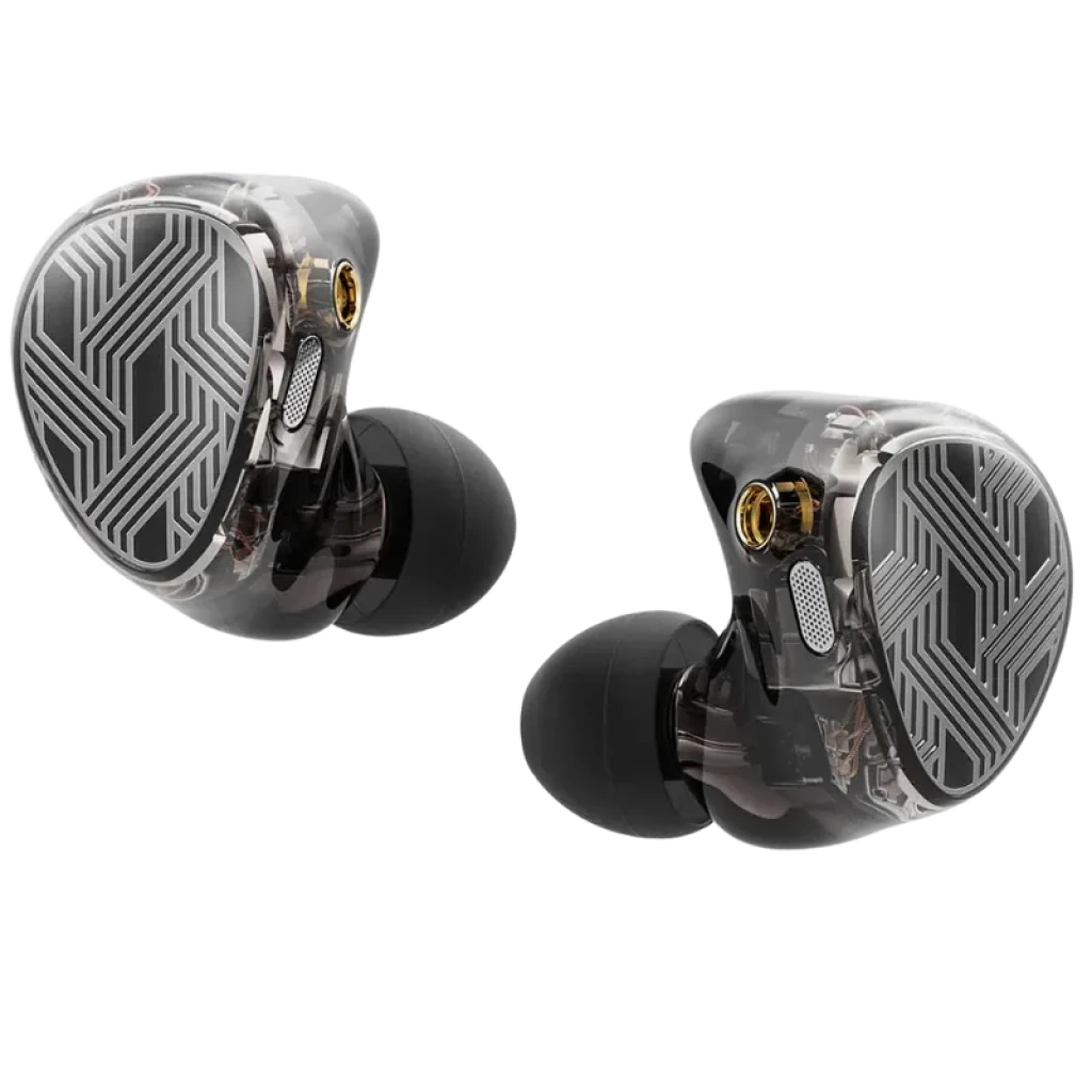 FiiO FA19 auriculares in-ear Hi-Res con carcasa transparente ahumada, panel frontal con patrón geométrico plateado, conector dorado y puntas de silicona