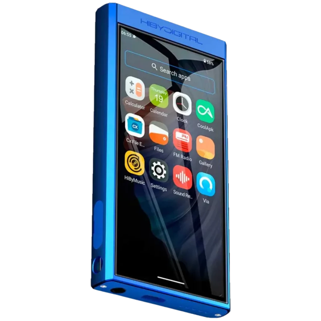 HiBy Digital M300 128 Gb Azul, leitor hi‑res Android 13 com ecrã tátil de 4 pol, corpo metálico azul, botões laterais e porta para auscultadores