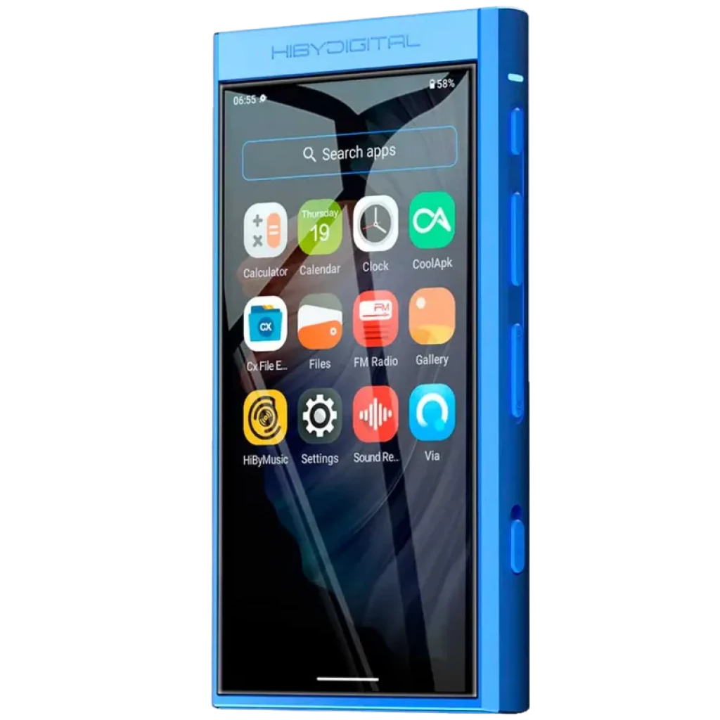 HiBy Digital M300 azul com ecrã tátil de 4 pol, Android 13, 128 GB, corpo metálico, botões laterais, porta jack e controlos multimédia visíveis