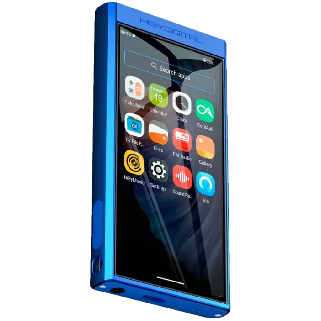 HiBy Digital M300 128 Gb azul com corpo metálico, ecrã tátil 4 polegadas, botões laterais e porta USB C visíveis, design compacto hi res baseado em