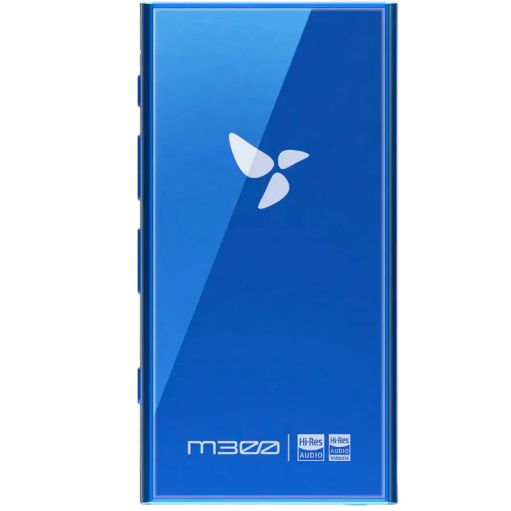 HiBy Digital M300 azul com 128 GB, corpo azul brilhante, tela tátil de 4 pol, logotipo frontal, botões laterais e selos Hi-Res Audio na base