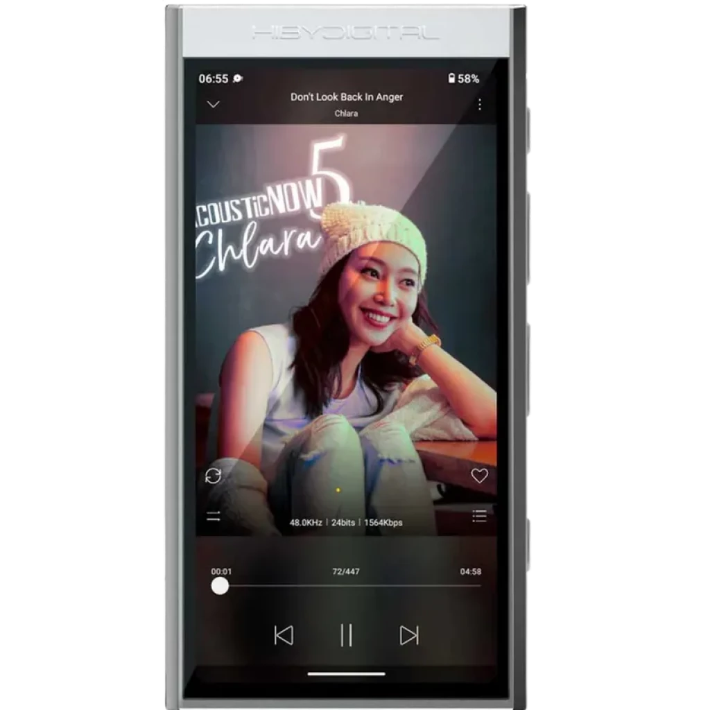 HiBy Digital M300 128 Gb Prateado com ecrã tátil 4 pol, corpo metálico prateado e interface Android 13, botões laterais e porta USB-C na base