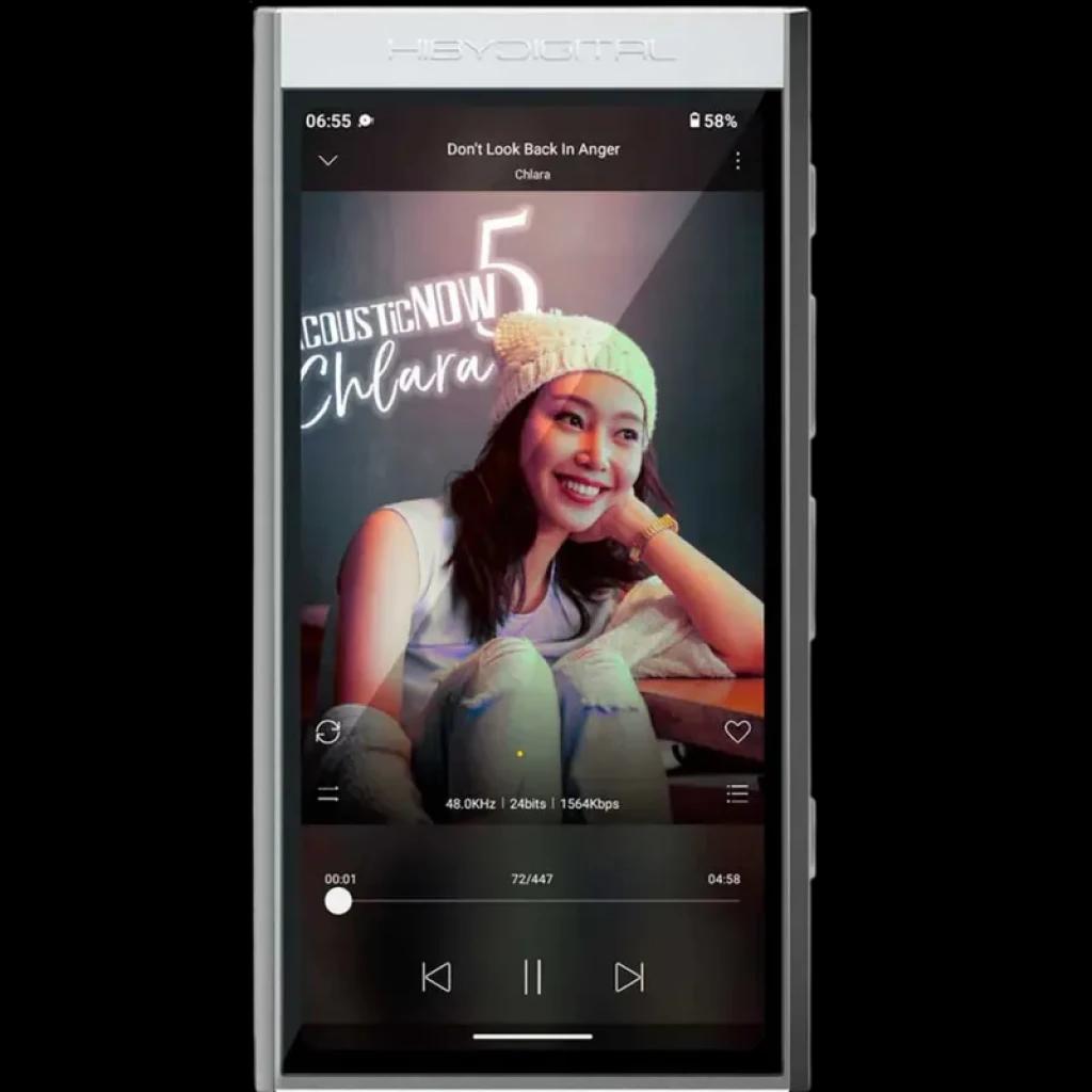 HiBy Digital M300 128 Gb Prateado com ecrã tátil 4 pol, corpo metálico prateado e interface Android 13, botões laterais e porta USB-C na base