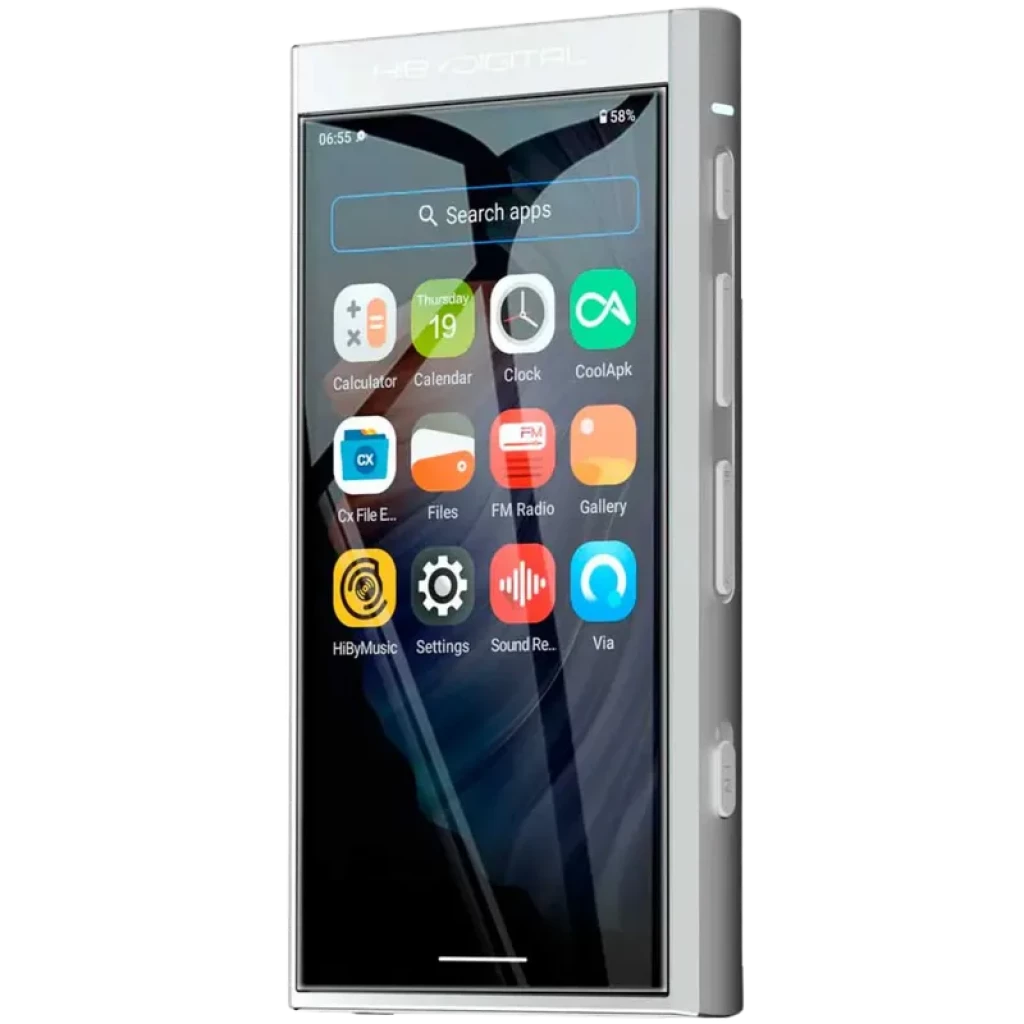 HiBy Digital M300 128 Gb prateado com ecrã tátil de 4 pol, corpo metálico, botões laterais físicos e interface Android com ícones de apps visíveis