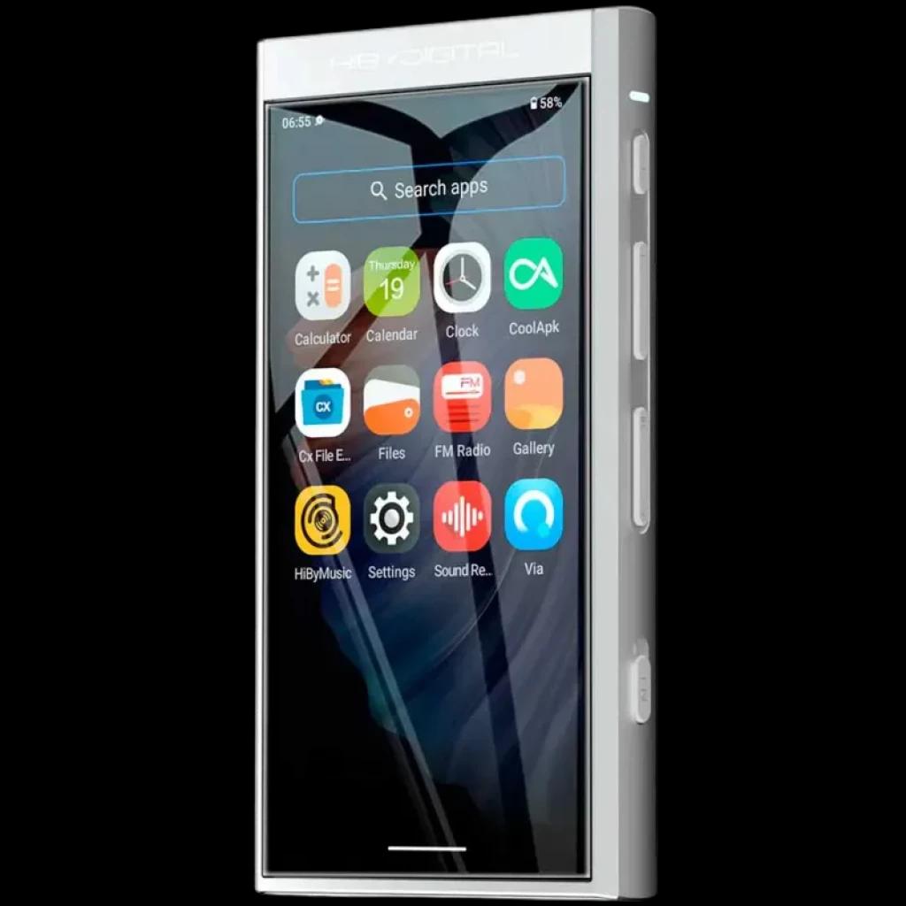 HiBy Digital M300 128 Gb prateado com ecrã tátil de 4 pol, corpo metálico, botões laterais físicos e interface Android com ícones de apps visíveis