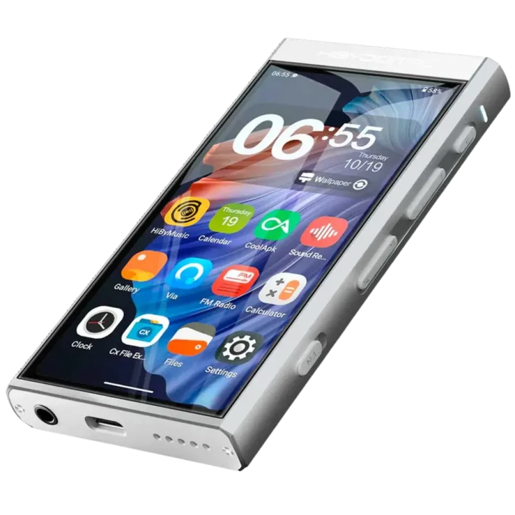 HiBy Digital M300 128 Gb prateado com ecrã tátil 4 pol, corpo metálico, botões laterais, porta 3,5 mm e USB-C; interface Android com ícones coloridos