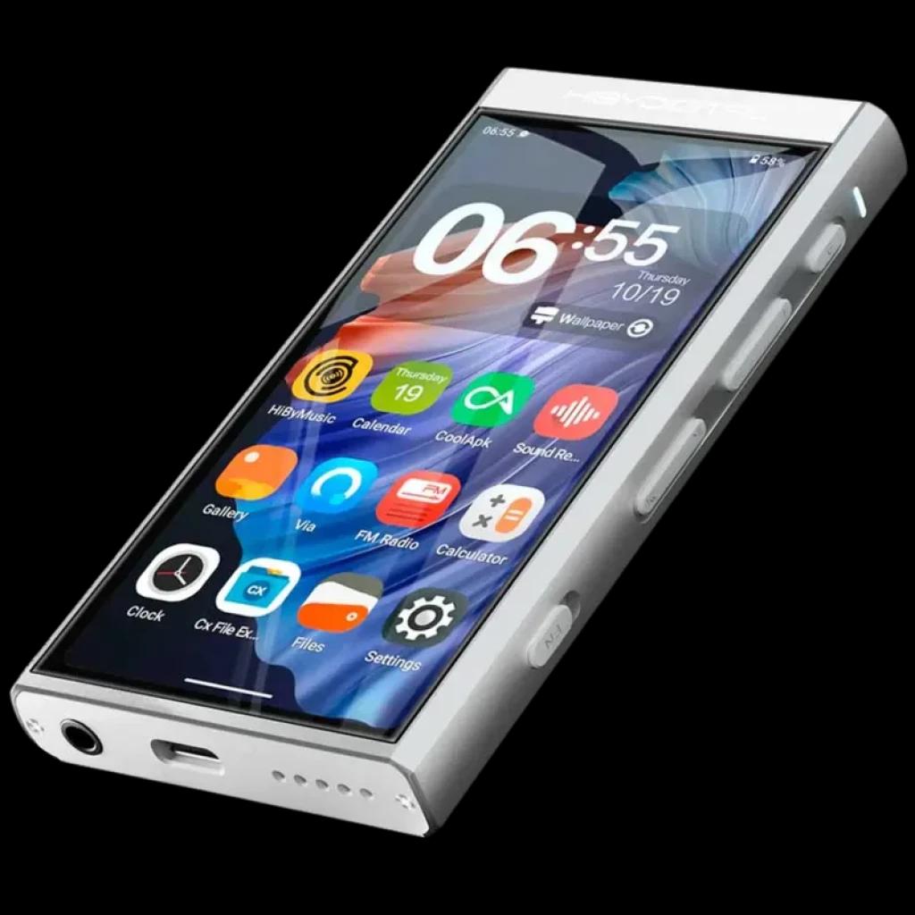 HiBy Digital M300 128 Gb prateado com ecrã tátil 4 pol, corpo metálico, botões laterais, porta 3,5 mm e USB-C; interface Android com ícones coloridos