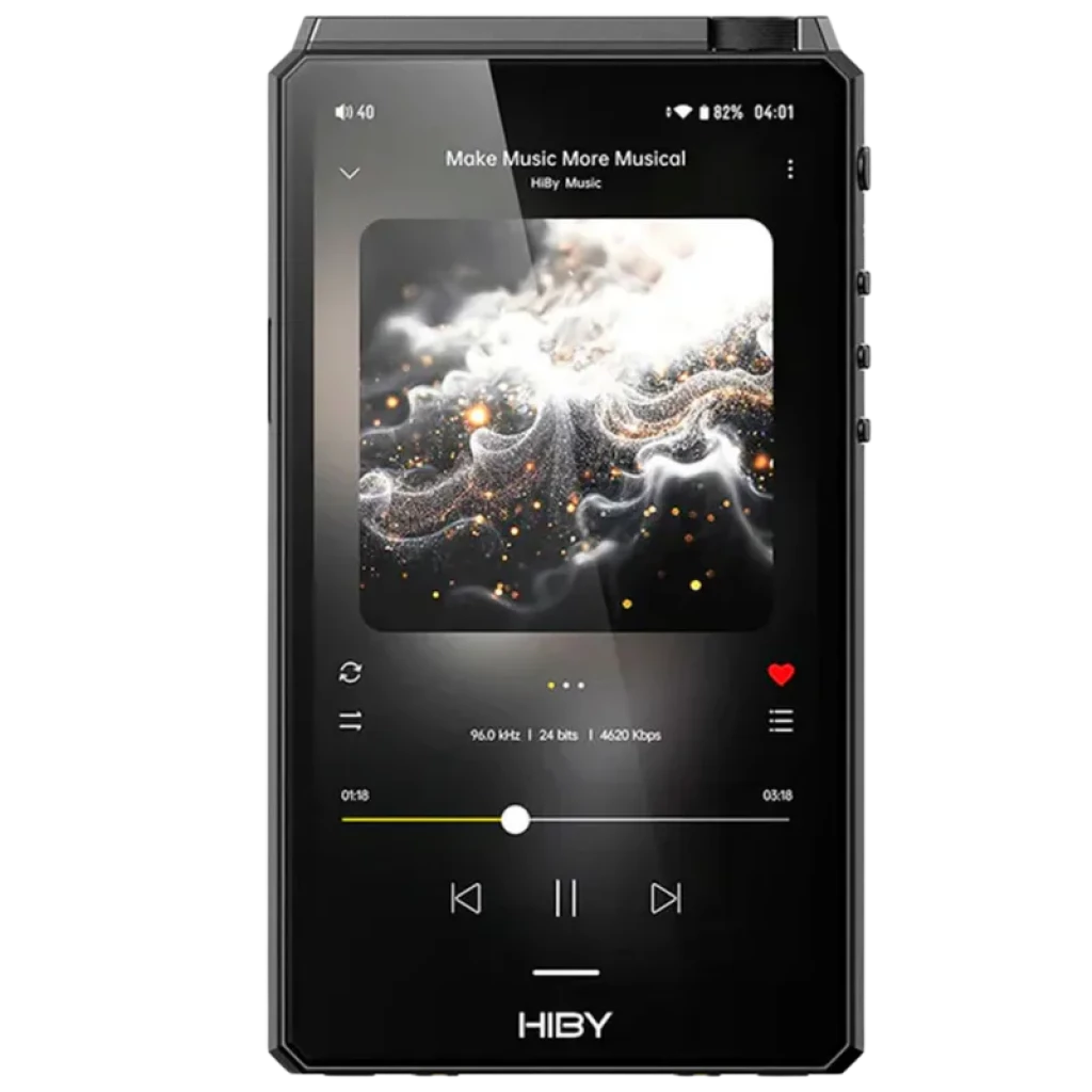 Hiby R6 III Gen 3 2025 negro con pantalla táctil, bordes angulares y controles laterales; interfaz de reproducción Hi-Res en Android 12 con carátula y