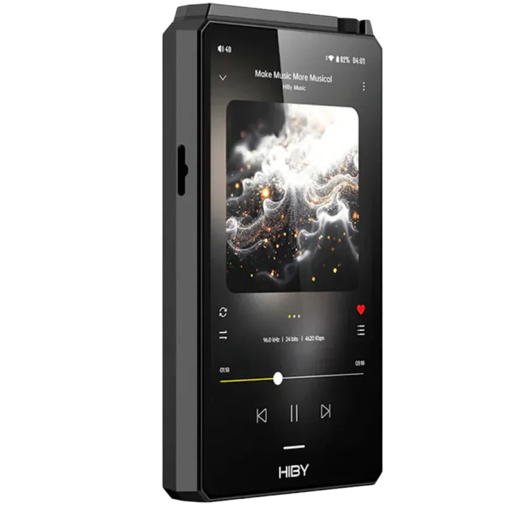 Hiby R6 III 2025 Negro, reproductor Hi‑Res con pantalla táctil grande, cuerpo metálico angular, botones laterales, interfaz de reproducción Android 12