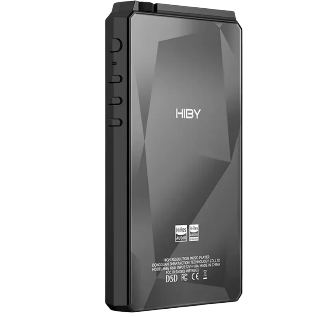 Reproductor HiBy R6 III negro con diseño facetado, botones laterales y logos Hi-Res al frente; acabado mate, bordes biselados y formato portátil elegante