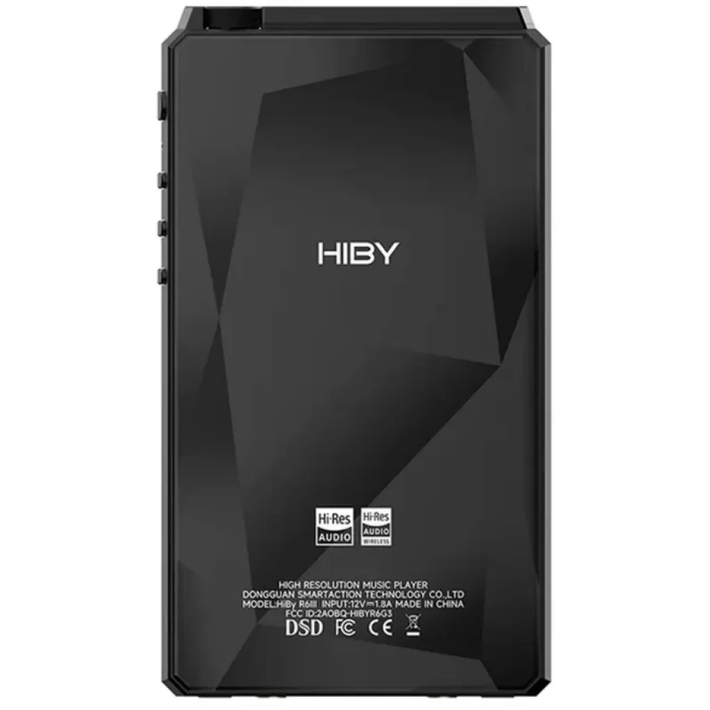 Hiby R6 III Gen 3 2025 Negro con diseño facetado, cuerpo metálico, logo Hiby centrado y sellos Hi-Res y DSD en la parte trasera