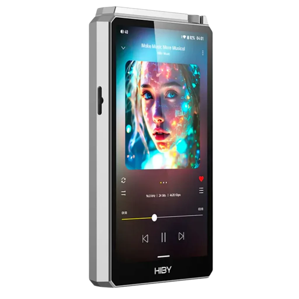 Hiby R6 III Gen 3 2025 Plata con cuerpo metálico plateado, pantalla táctil grande, botón lateral y reproductor Hi-Res en Android 12 con arte de álbum en