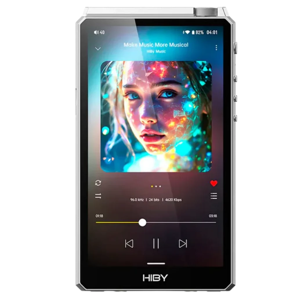 Hiby R6 III 2025 Plata con pantalla táctil, biseles metálicos y botones laterales; interfaz Android 12 mostrando reproducción Hi-Res con carátula álbum