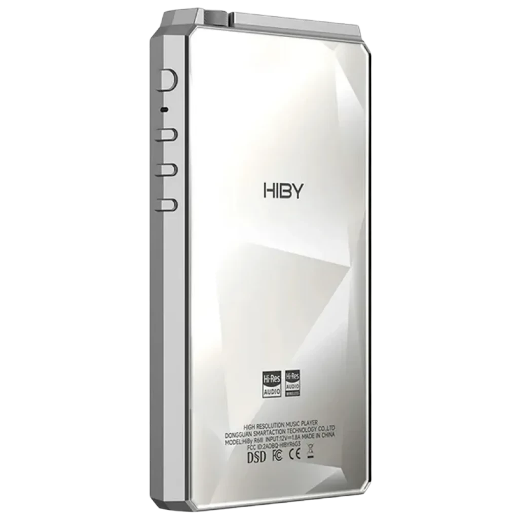 Hiby R6 III Gen 3 2025 en plata, cuerpo metálico facetado, bordes biselados y botones laterales; logos Hi-Res visibles en la parte trasera