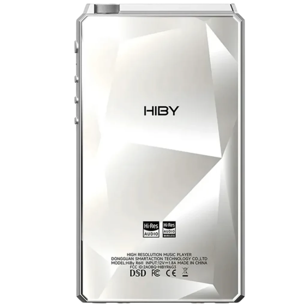 Hiby R6 III Gen 3 2025 en plata, tapa trasera facetada estilo cristal, logo Hiby centrado, sellos Hi‑Res Audio y puertos laterales visibles